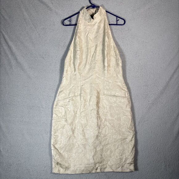 Vintage Cotton Dresses & Skirts - Vintage Geary Roark Kamisato Halter Dress Women's Size 12 Linen Blend Champagne